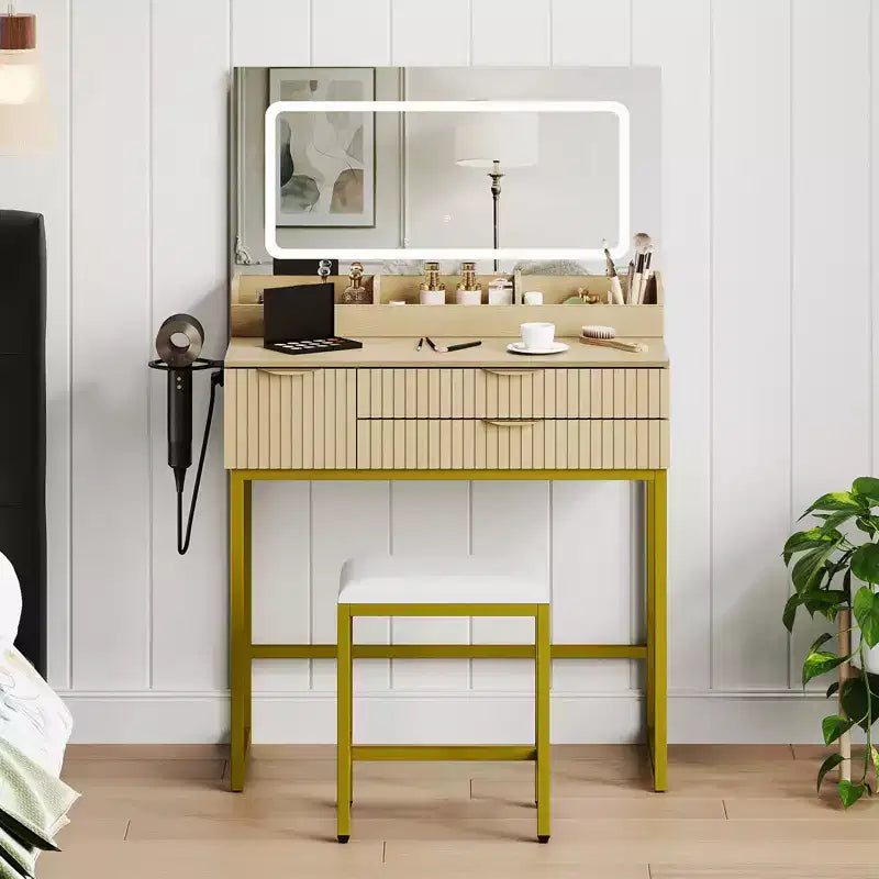 Escritorio tocador con espejo y luces, diseño con espejo iluminado por LED y amplios cajones para organizar cosméticos y artículos de tocador