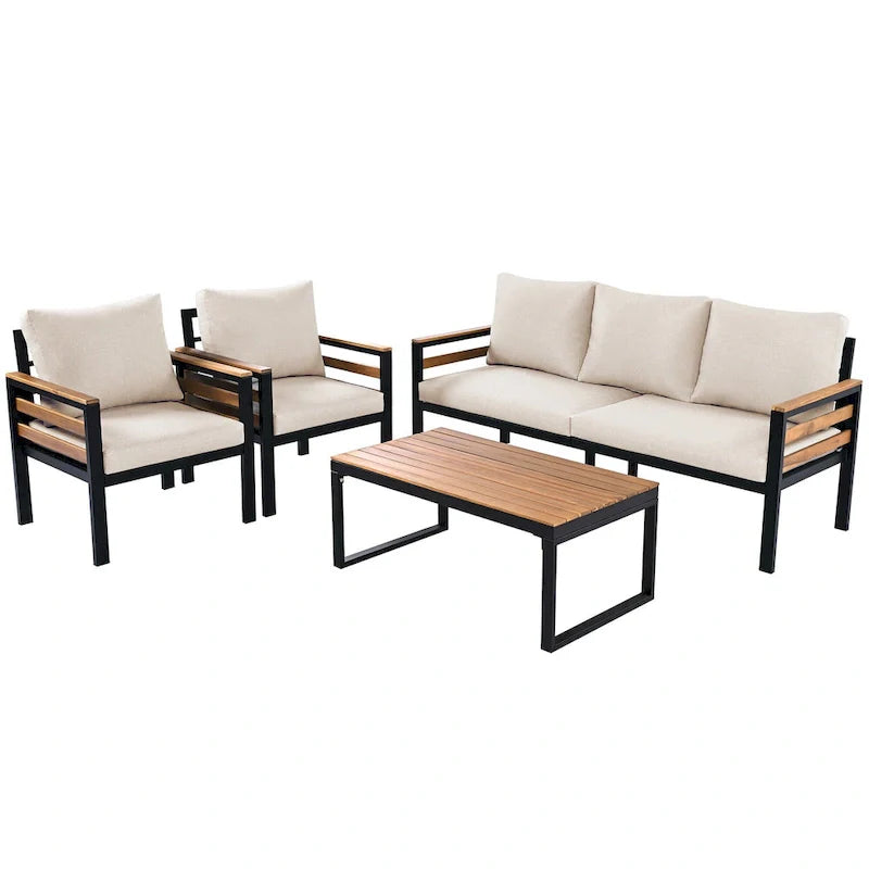 4-teiliges Gartensofaset für 5 Personen mit Couchtisch aus Massivholz und abnehmbaren Kissen