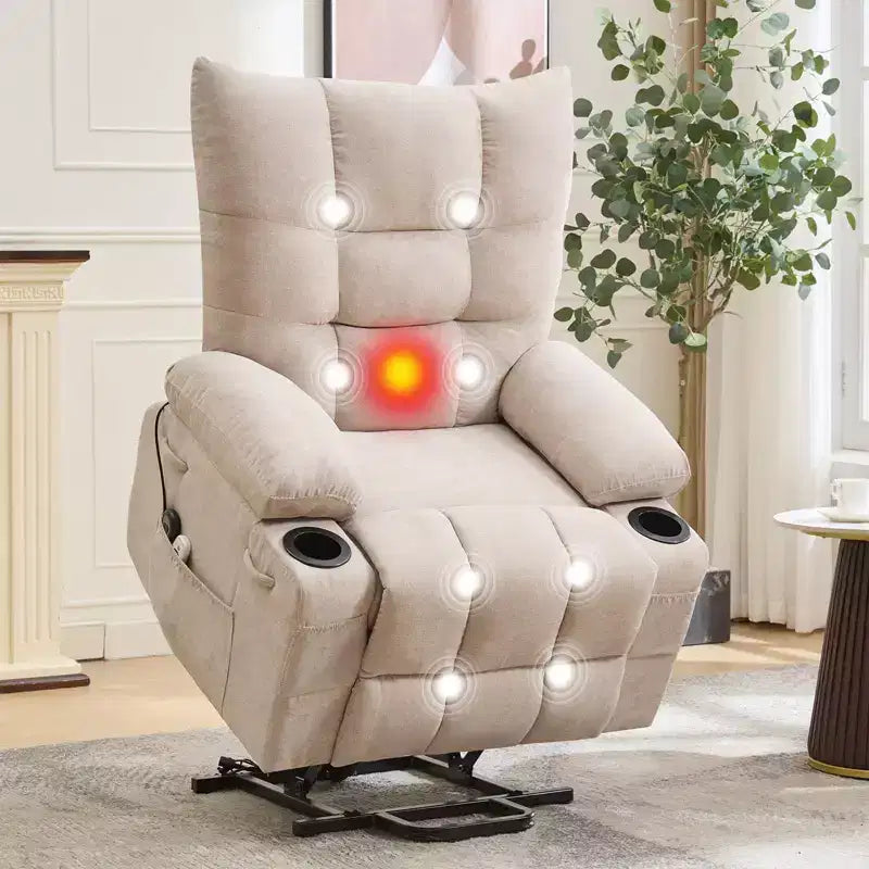 Aufstehsessel mit elektrischer Aufstehhilfe für Senioren, Massage und Wärme, extragroßer Massage- und Wärmesessel mit weich gepolstertem Bezug, Seitentasche und Getränkehaltern