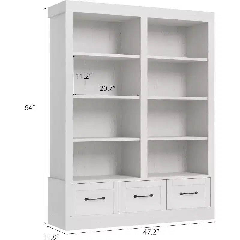 64 H boekenkasten en boekrekken, boekenkast met 3 opbergladen, 4 niveaus, dubbelbrede open planken, voor kantoor en woonkamer