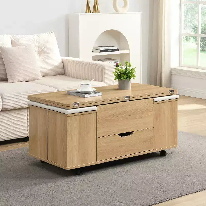 Tavolino da caffè moderno multifunzione con piano sollevabile e contenitore nascosto, 4 sgabelli e rotelle, perfetto per ambienti abitativi moderni