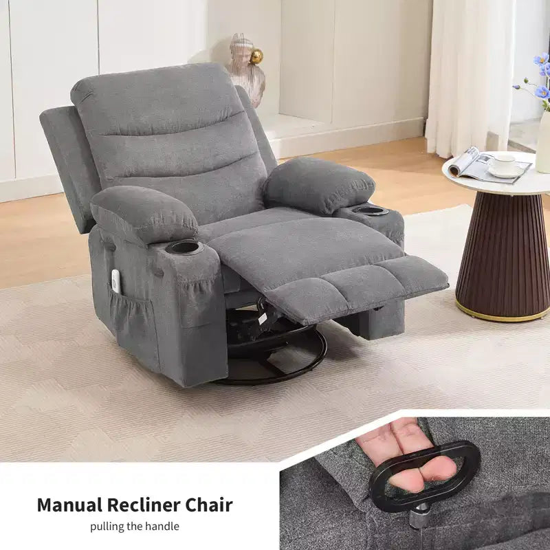 Drehbarer Schaukel-Relaxsessel mit Massage und Wärme, 360°-Gleiter mit Getränkehaltern und Seitentaschen, ergonomisches Loungesofa für Wohnzimmer, Wohnmobil und Kinderzimmer