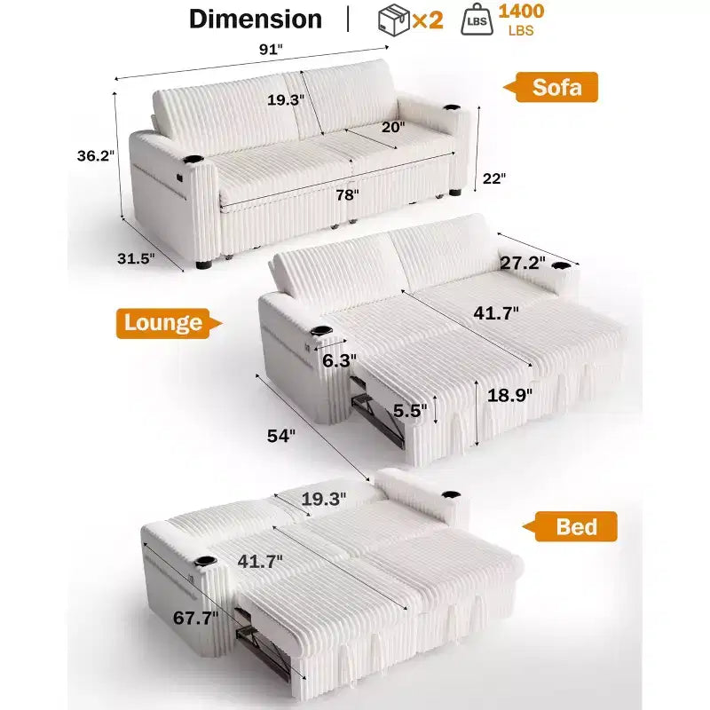 Divano letto componibile Dyonery 91 con letto estraibile, schienale reclinabile, due letti estraibili, porte USB e portabicchieri, in morbido velluto a coste