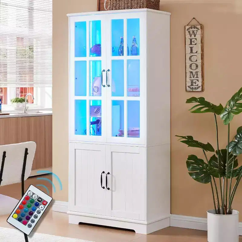 Armoire de rangement haute de 71 pouces AMERLIFE avec éclairage LED, grande bibliothèque avec portes en verre acrylique