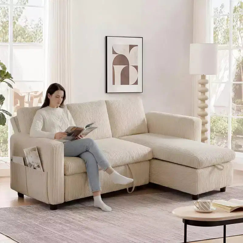 Sofá cama extraíble 2 en 1 Dyonery con chaise longue con almacenamiento, sofá seccional de pana C con puertos USB para sala de estar