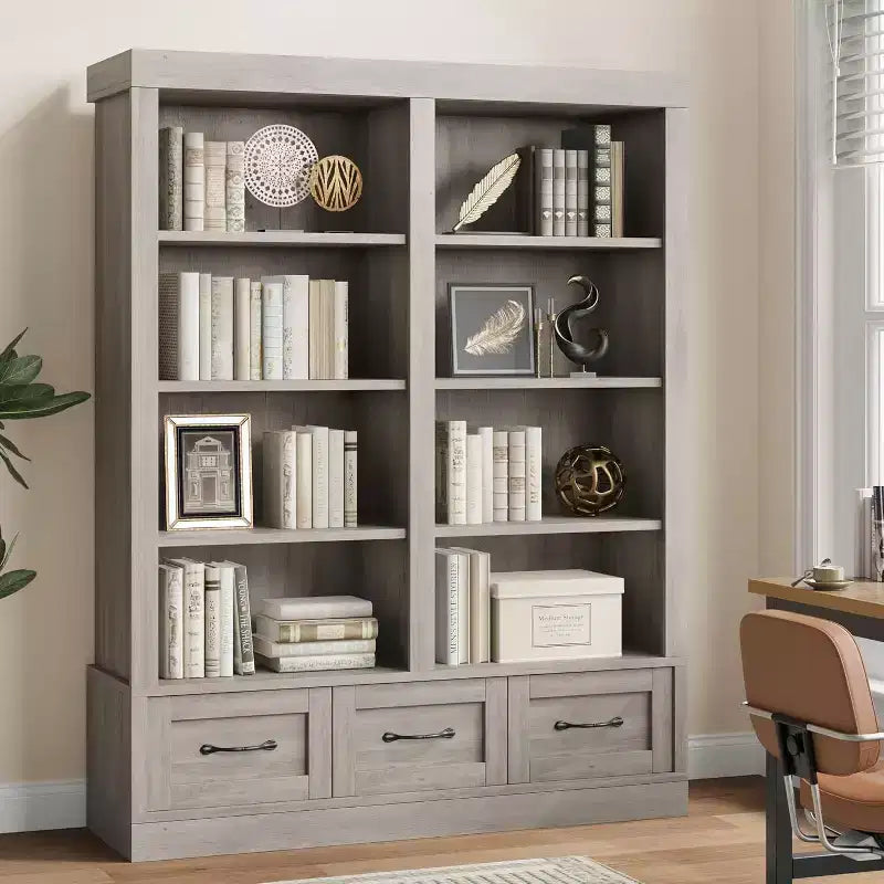 64 H boekenkasten en boekrekken, boekenkast met 3 opbergladen, 4 niveaus, dubbelbrede open planken, voor kantoor en woonkamer