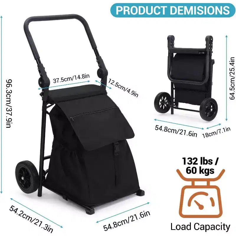 Carrello portapacchi pieghevole 2-in-1 Acekool con borsa impermeabile rimovibile, cuscino del sedile spesso e maniglia regolabile antiscivolo, nero