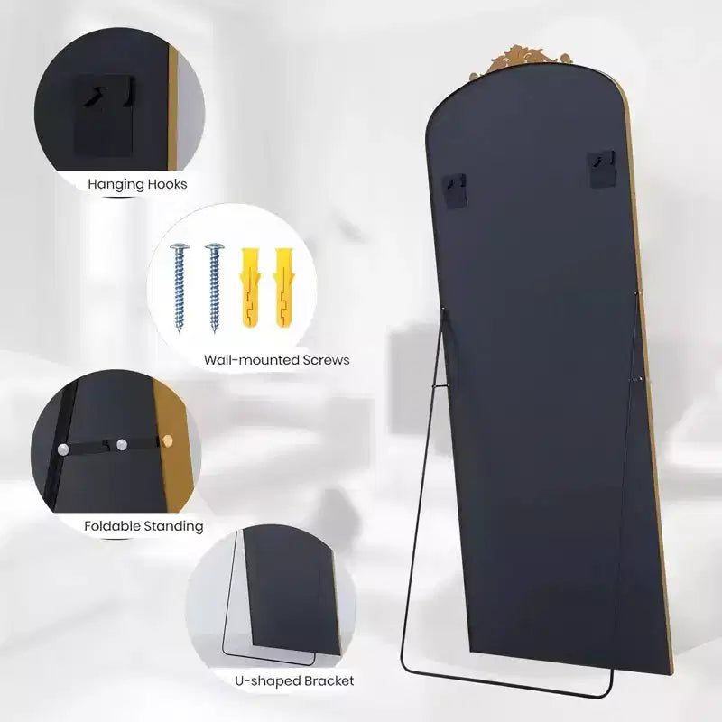 65x22 Obloukové celoplošné kovové zrcadlo ve vintage stylu, barokní design, starožitně zlaté