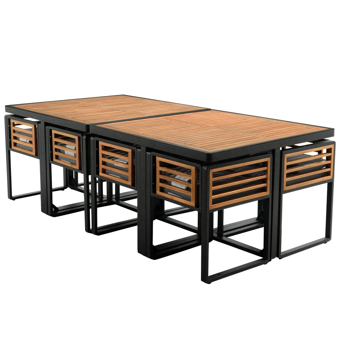 Juego de comedor de patio de 18 piezas de madera de acacia, con 8 sillas acolchadas, 8 otomanas y 2 mesas cuadradas