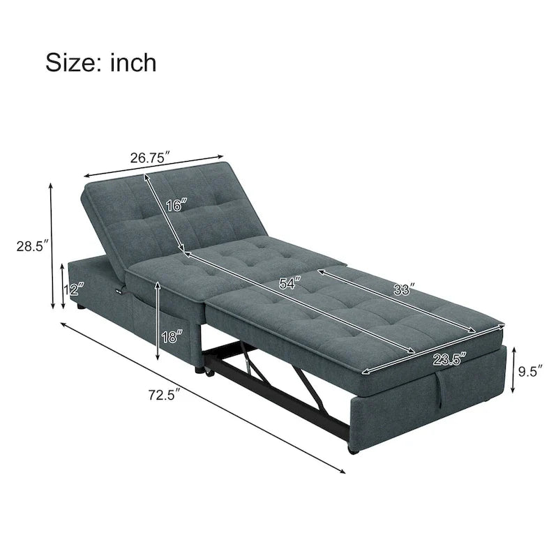 Linnen slaapbank voor 3 personen van 72,5 inch, 4-in-1, met rugleuning die in 5 standen verstelbaar is en opbergvak