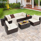 8-teiliges Patio-Rattanmöbel-Set mit Feuerstellentisch, Gasflaschenhalter, Abdeckung und Terrassenmöbeln