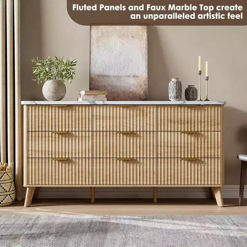 Kommode mit 9 geriffelten Schubladen, moderne Truhe, TV-Möbel aus Holz mit geschwungenem Profil für Wohnzimmer und Flur