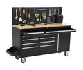 Gereedschapskist op wielen van 61 inch met 10 laden en garagewerkbank met stekkerdoos, blad van massief rubberhout, zware mobiele werkstationskast met draagvermogen van 1675 LBS