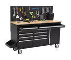 Gereedschapskist op wielen van 61 inch met 10 laden en garagewerkbank met stekkerdoos, blad van massief rubberhout, zware mobiele werkstationskast met draagvermogen van 1675 LBS