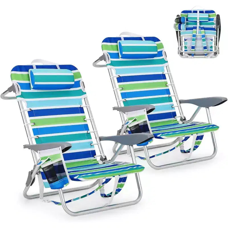 Set da 2 sedie da spiaggia leggere Acekool trasportabili come zaino, pieghevoli in 5 posizioni e reclinabili completamente, per adulti, con cinghie, portabicchiere e portaasciugamano, supportano fino a 300 libbre