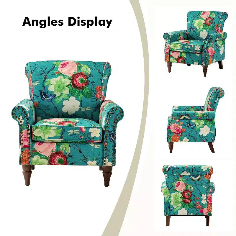 Araceli traditionele houten bloemenfauteuil met bekleding, hoge rugleuning en sierspijkerrand| ART OF LIVING DESIGNS
