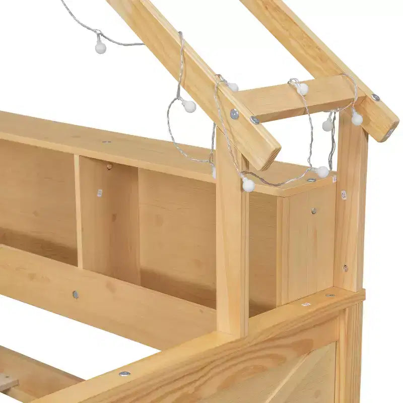 Estructura de cama tipo casita de tamaño completo con cajones, cama plataforma tipo casita con luces LED, estantes y cajones de almacenamiento, diván de madera con techo y barandilla