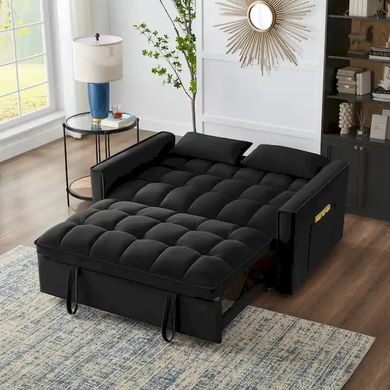 Divano letto loveseat 4 in 1 con braccioli e tasche portaoggetti, divano letto estraibile trapuntato multifunzione con schienale regolabile