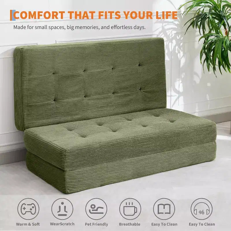 Matelas pliable en trois parties de 15 cm SunnyFurn, canapé-lit, 190,5 x 137,9 cm, lit d’appoint pliable en mousse avec velours côtelé matelassé, portable pour le camping, le salon ou la chambre