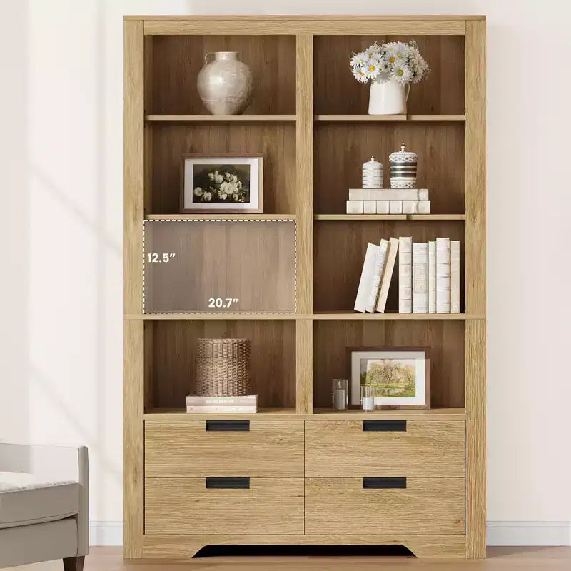 Libreria alta 72 con 4 cassetti, scaffale contenitore indipendente in stile rustico per camera da letto, soggiorno e ufficio domestico