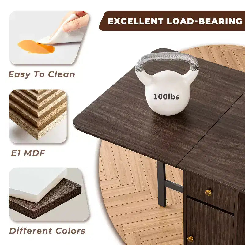 Table à manger pliable ATJafurn de 59 pouces avec rallonges rabattables pour petits espaces, table de cuisine rectangulaire en bois extensible avec roulettes et rangement