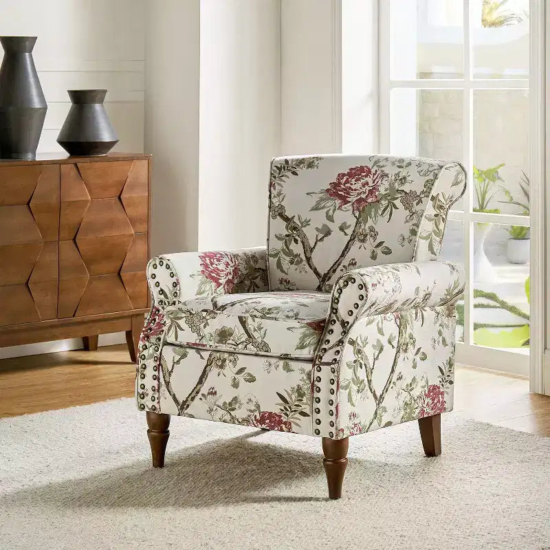 Araceli traditionele houten bloemenfauteuil met bekleding, hoge rugleuning en sierspijkerrand| ART OF LIVING DESIGNS