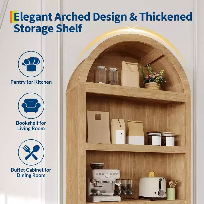 Libreria ad arco da 72" con cassetto contenitore, mobile espositore moderno in legno a 6 ripiani con scaffali aperti e cassetto inferiore, anta curva