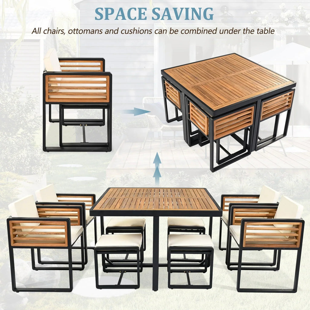 Juego de comedor de patio de 18 piezas de madera de acacia, con 8 sillas acolchadas, 8 otomanas y 2 mesas cuadradas
