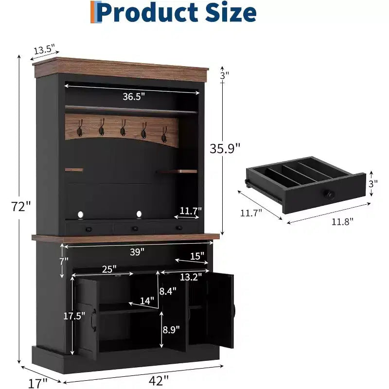 Mobile bar da caffè alto 72" in stile rustico con luci LED, credenza da cucina con ante e cassetto, ripiani regolabili, ampio spazio di archiviazione