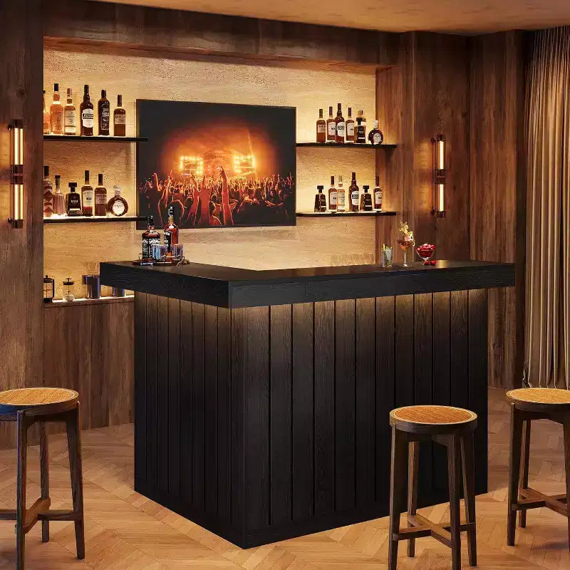 Lantine L-förmige Hausbar, 4-stufiger Eck-Bartisch mit Ablagefächern und Halterung für Weingläser für die Hausbar