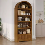 Libreria ad arco da 72" con cassetto contenitore, mobile espositore moderno in legno a 6 ripiani con scaffali aperti e cassetto inferiore, anta curva