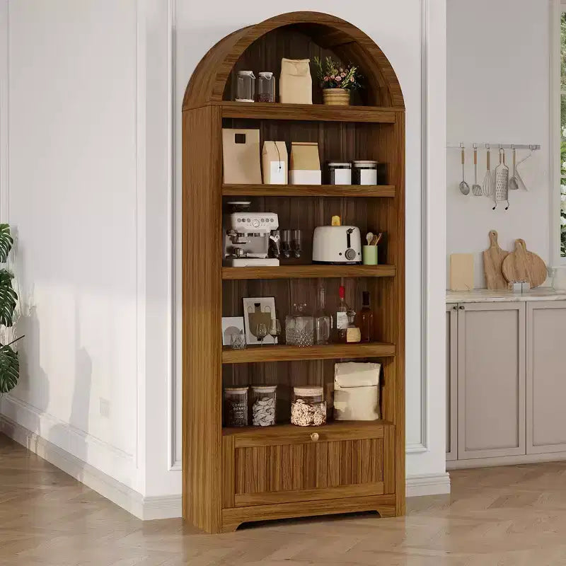 Libreria ad arco da 72" con cassetto contenitore, mobile espositore moderno in legno a 6 ripiani con scaffali aperti e cassetto inferiore, anta curva
