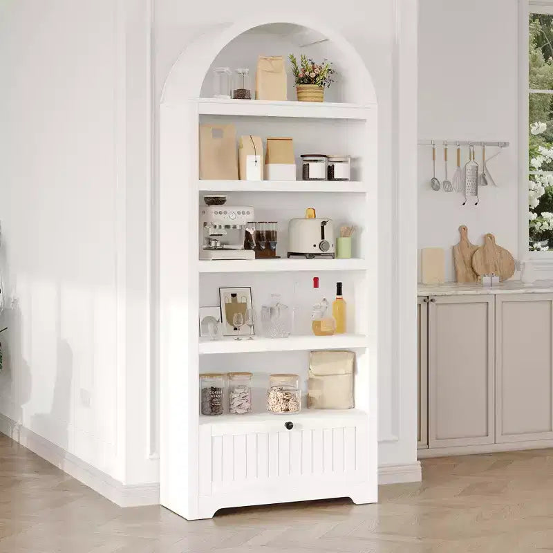 Libreria ad arco da 72" con cassetto contenitore, mobile espositore moderno in legno a 6 ripiani con scaffali aperti e cassetto inferiore, anta curva