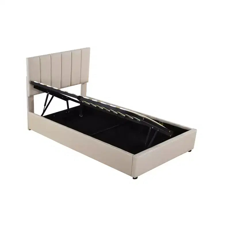 Letto contenitore rialzabile singolo Bellemave, letto a piattaforma imbottito con sistema di contenimento idraulico, testiera a righe verticali, beige