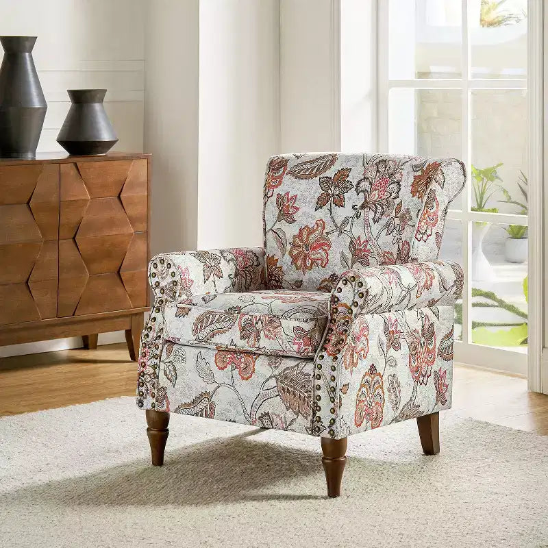 Araceli traditionele houten bloemenfauteuil met bekleding, hoge rugleuning en sierspijkerrand| ART OF LIVING DESIGNS