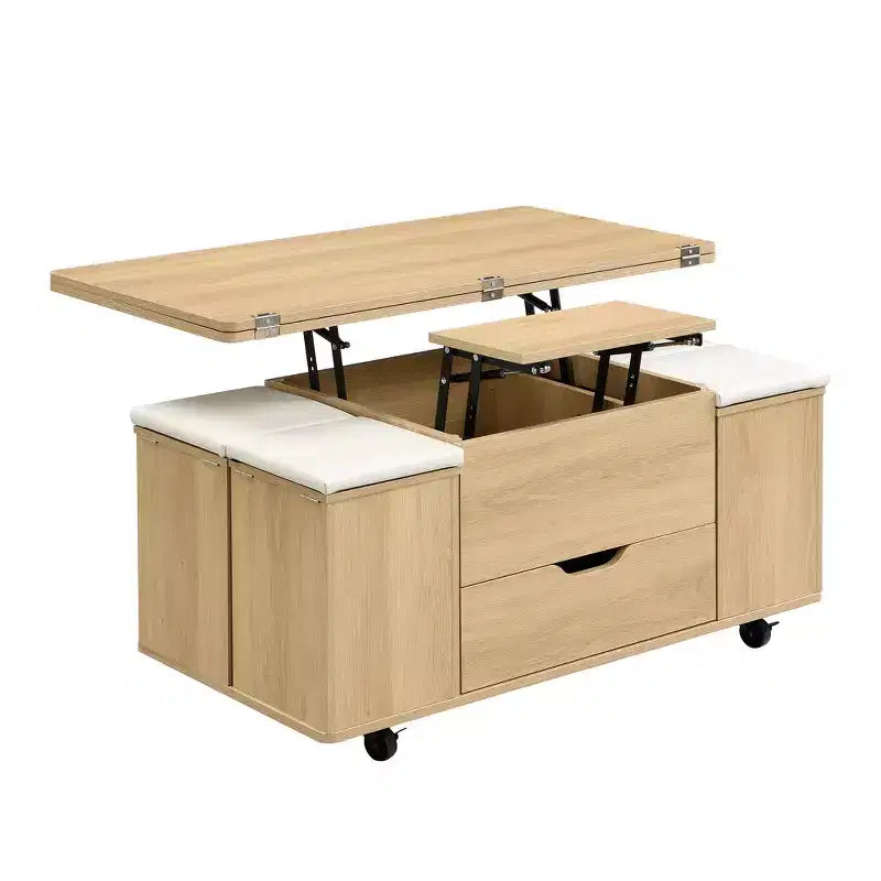 Multifunctionele moderne salontafel met hefbaar blad en verborgen opbergruimte, 4 krukken en zwenkwielen, perfect voor moderne woonruimtes