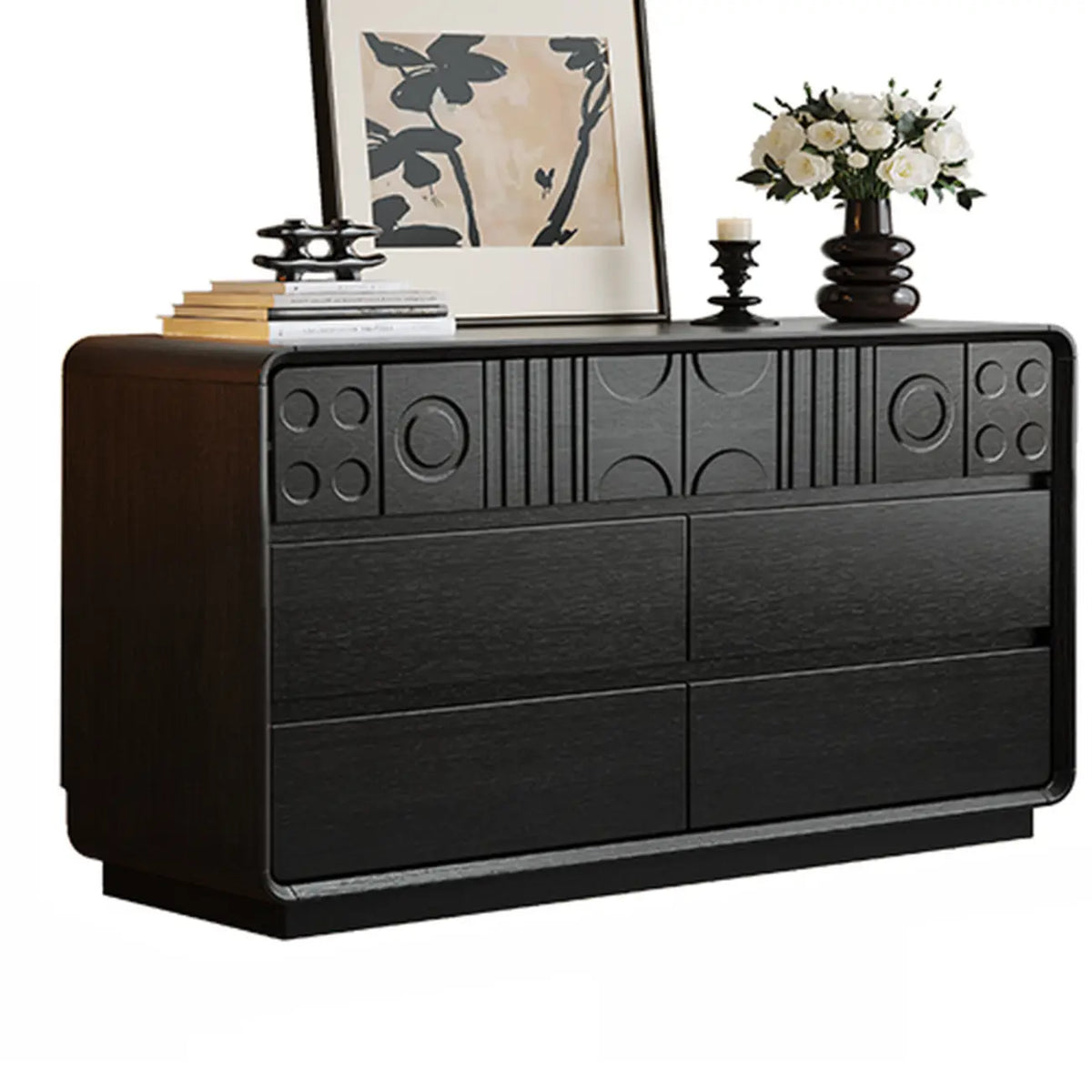 Cassettiera in legno ispirata all'Art déco con intagli geometrici