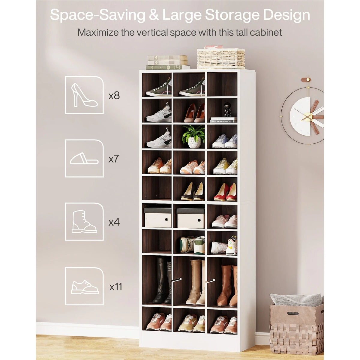 Meuble à chaussures haut pour 30 paires, étagère de rangement blanche en bois à 10 niveaux pour placard et entrée – 10 niveaux