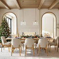 Set da pranzo composto da 9 pezzi per 8 persone, tavolo allungabile con base a cavalletto e sedie imbottite con gambe in legno massello-Panipeachy