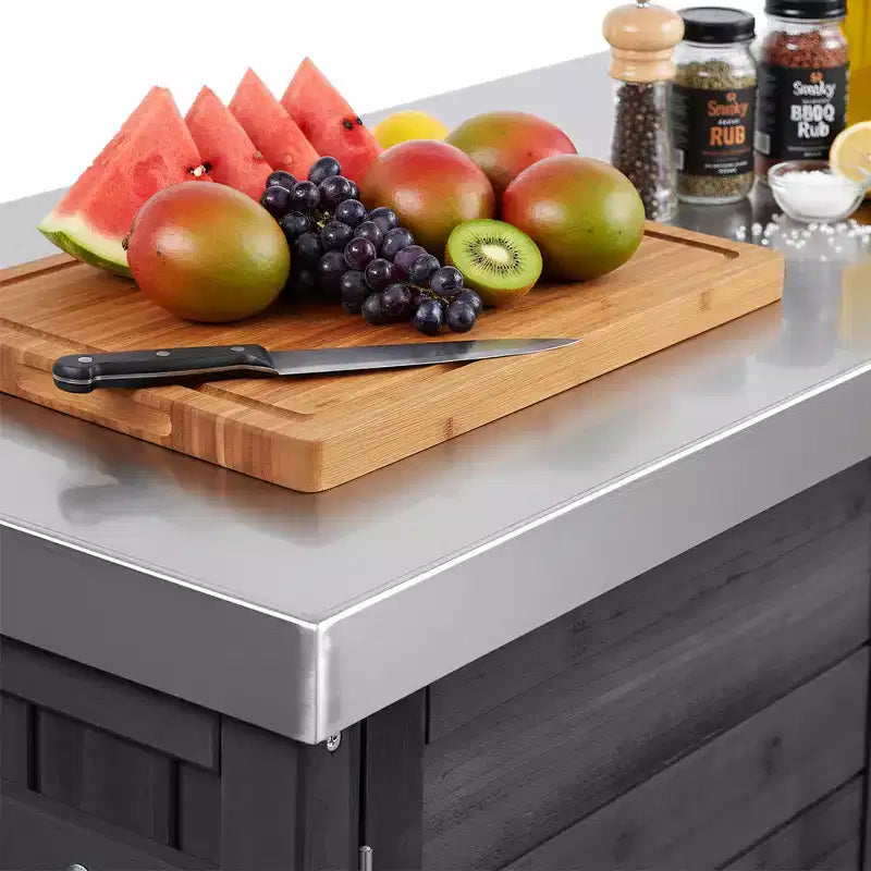 Isola da cucina da esterno da 78,3 pollici con piano di lavoro in acciaio inox, stazione barbecue pieghevole e armadietti contenitori, nera