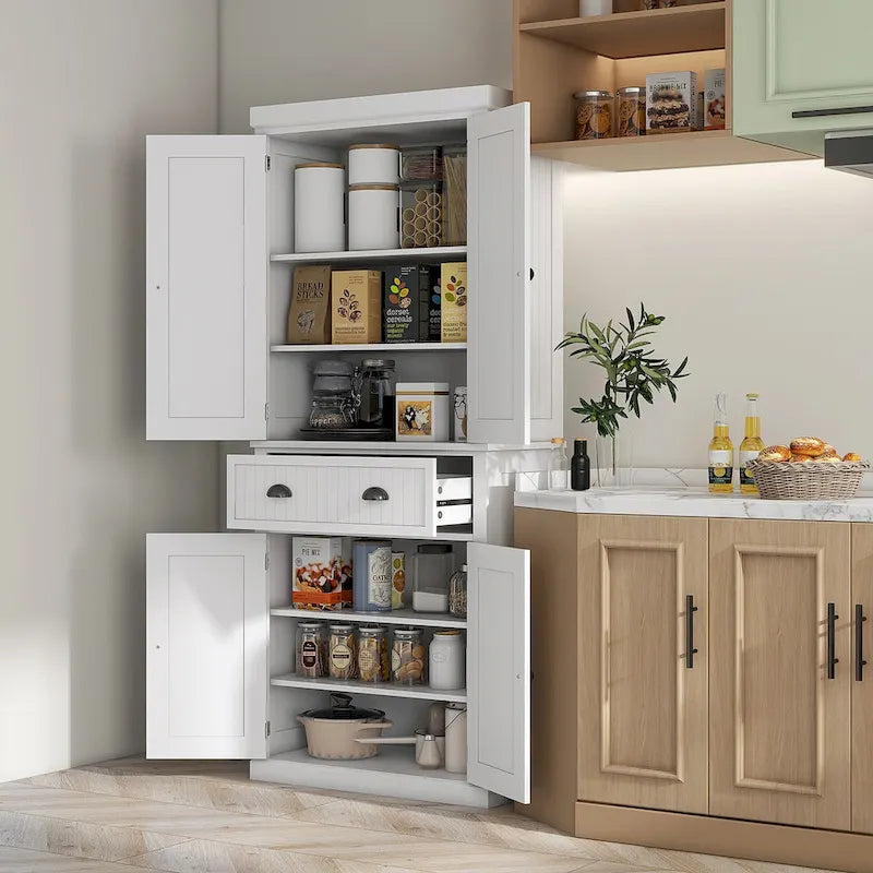 Dispensa da cucina da 72 pollici, mobile tradizionale indipendente con 4 ante e 3 ripiani regolabili, ampio cassetto centrale