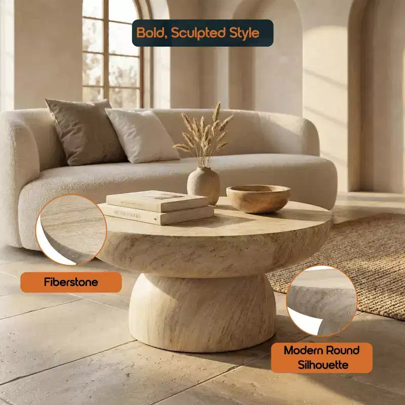 Runder Kaffeetisch mit Sockel aus Fiberstone, skulpturaler Akzenttisch für drinnen und draußen mit rutschfesten Fußpolstern