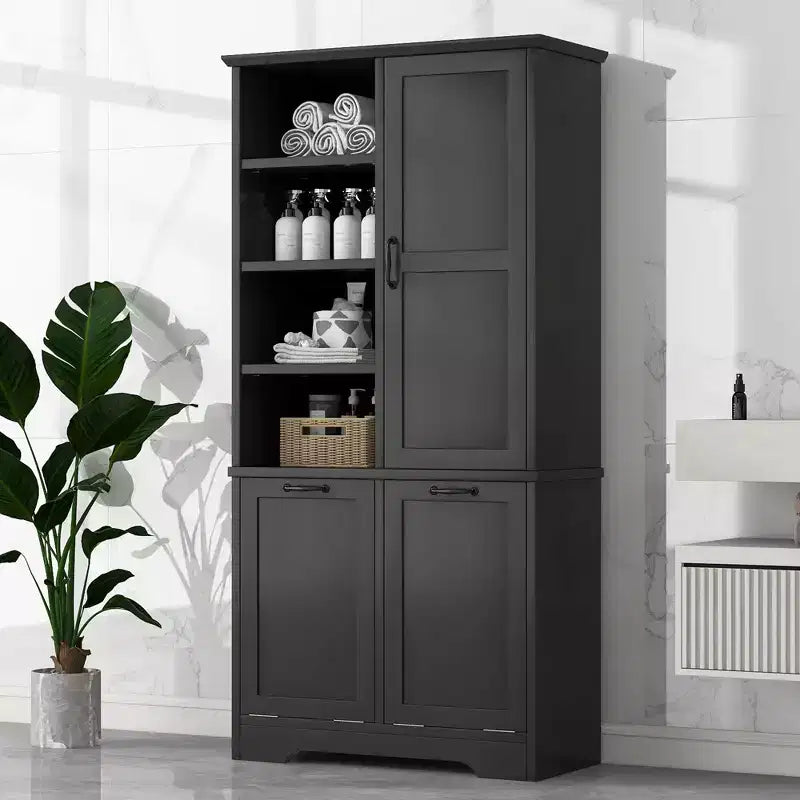 Mobiletto da bagno con ante e cassetti, portabiancheria ribaltabile, ampio spazio contenitivo, modello indipendente