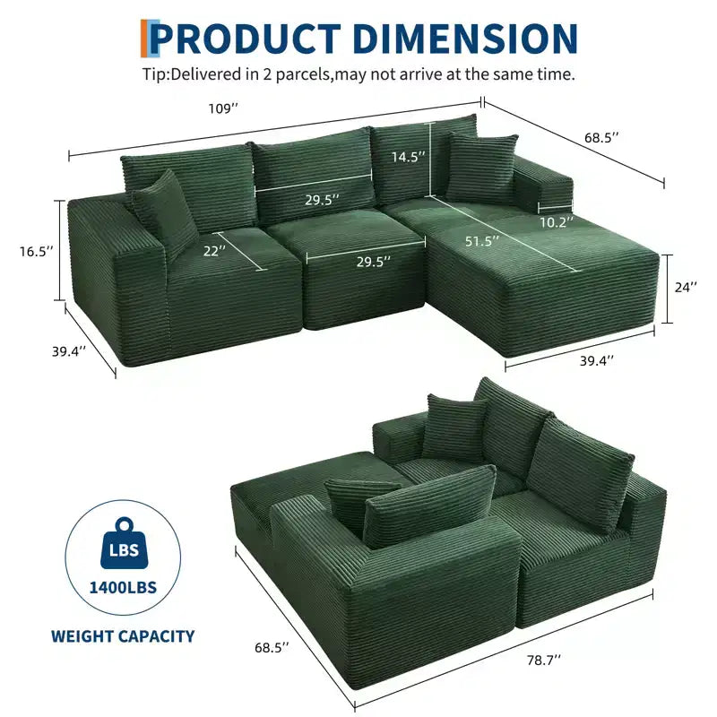Sofá moderno 108, sofá tapizado de 3 plazas en forma de L con cojines, asiento profundo, no requiere montaje