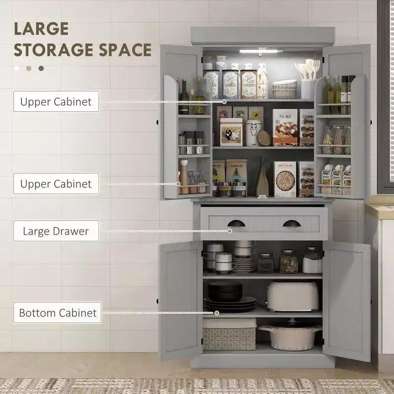Credenza dispensa da cucina da 71 con luci LED, 6 ripiani sulle ante, un cassetto e 4 ripiani regolabili