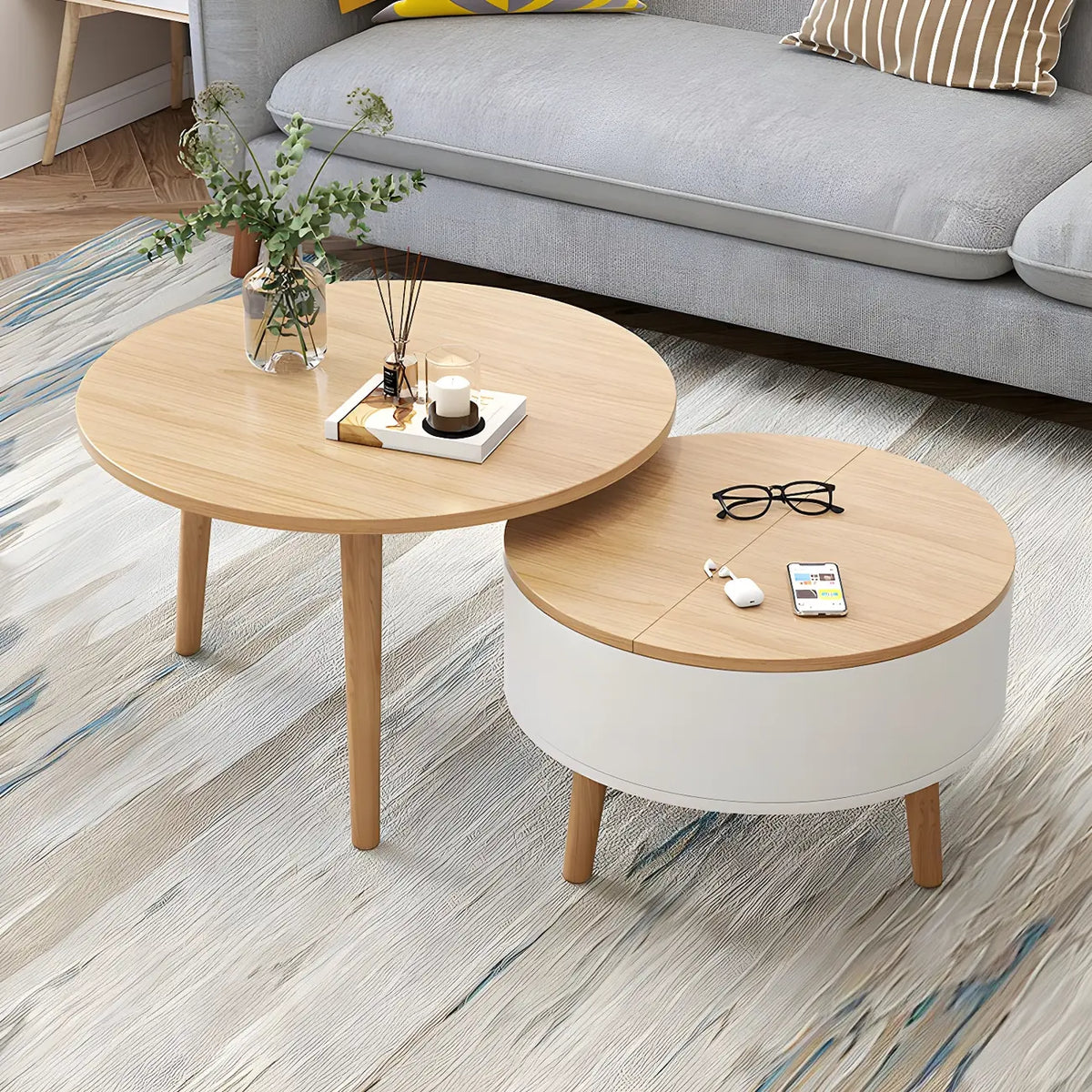 Tavolino da caffè moderno rotondo in legno bianco e nero con contenitore