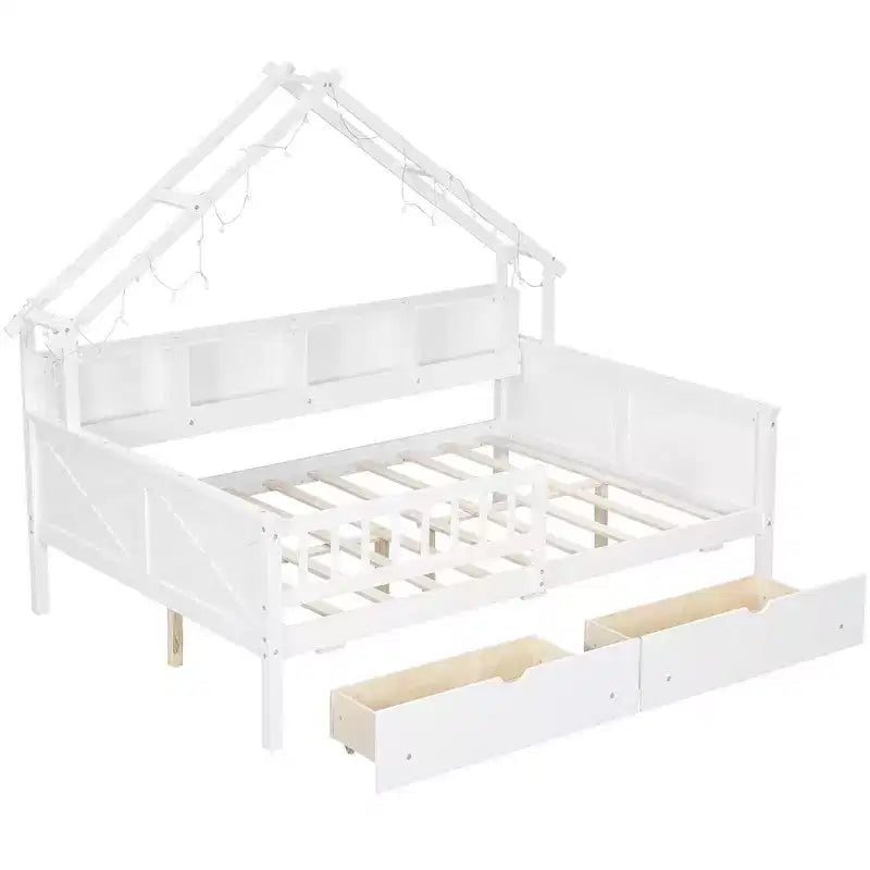 Estructura de cama tipo casita de tamaño completo con cajones, cama plataforma tipo casita con luces LED, estantes y cajones de almacenamiento, diván de madera con techo y barandilla