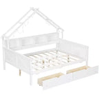 Estructura de cama tipo casita de tamaño completo con cajones, cama plataforma tipo casita con luces LED, estantes y cajones de almacenamiento, diván de madera con techo y barandilla