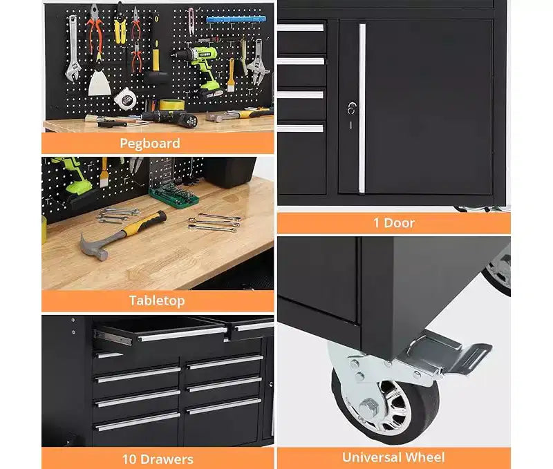 Gereedschapskist op wielen van 61 inch met 10 laden en garagewerkbank met stekkerdoos, blad van massief rubberhout, zware mobiele werkstationskast met draagvermogen van 1675 LBS