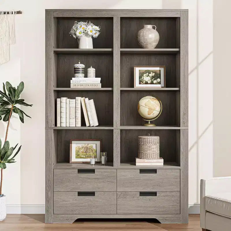 Libreria alta 72 con 4 cassetti, scaffale contenitore indipendente in stile rustico per camera da letto, soggiorno e ufficio domestico